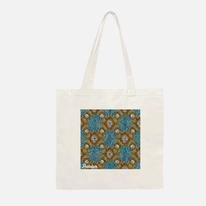 Cotton tote bag with double handles and a brown and blue pattern in the center.